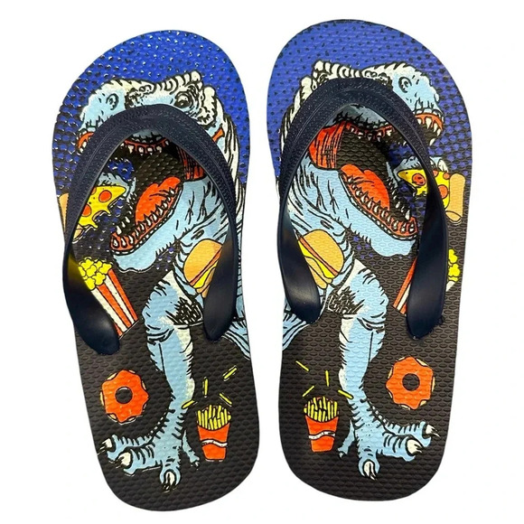 Boys Dinosaur Food Graphic Flip Flops Sandals Blue Size 1/2 - Picture 1 of 4